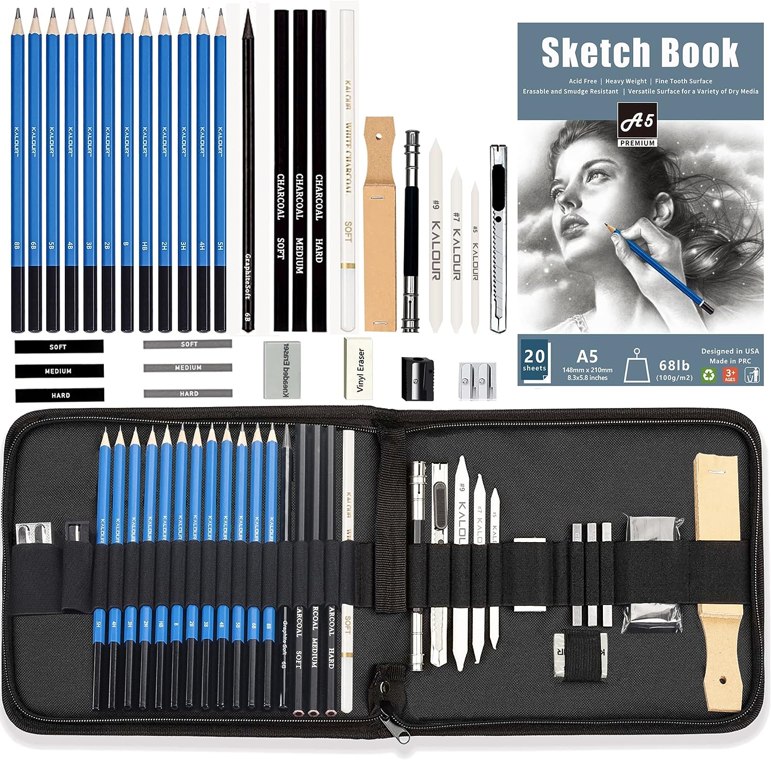 KALOUR 33 Pieces Pro Drawing Kit Sketching Pencils Set,Portable Zippered Travel Case-Charcoal Pencils, Sketch Pencils, Charcoal Stick,Sharpener
