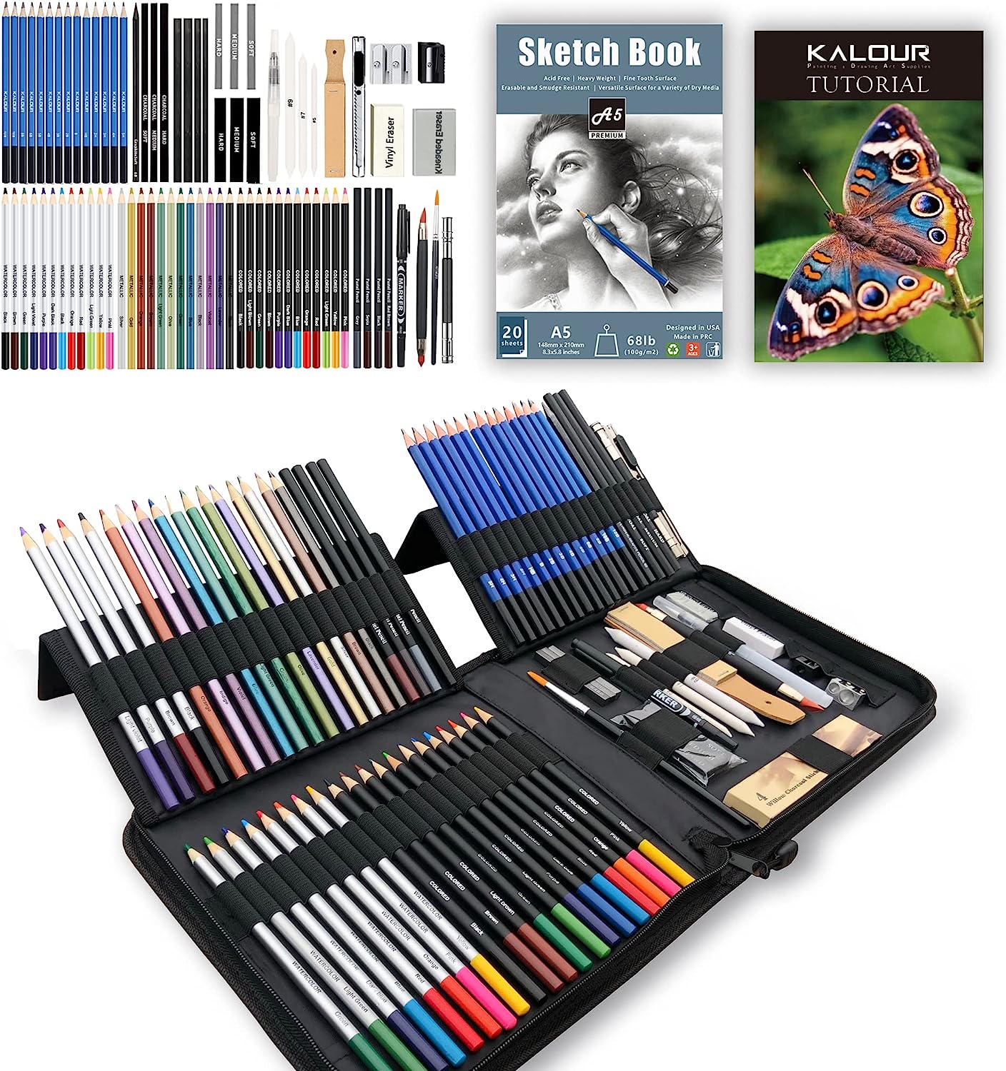 KALOUR 76 Drawing Sketching Kit Set - Pro Art Supplies with Sketchbook &  Watercolor Paper - Include  Tutorial,Watercolor,Graphite,Colored,Metallic,Pastel,Charcoal Pencil - for  Artists Beginners Adults