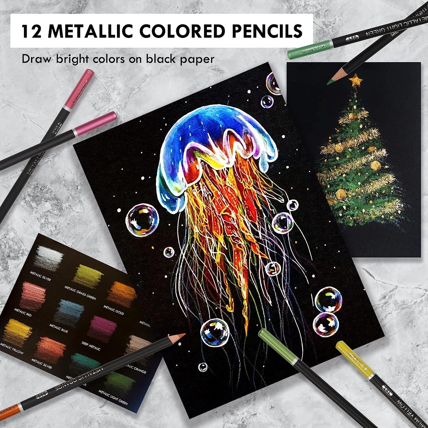 KALOUR 180 Colored Pencil Set for Adults Artists kids- 3.8mm Rich Pigment Soft Core -12 Metallic Pencil - Wax-Based