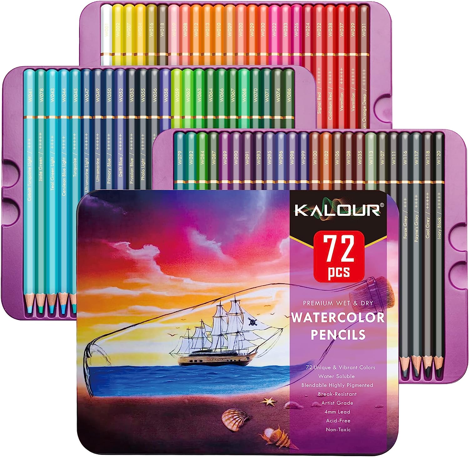 KALOUR Professional Watercolor Pencils, Set of 72 Colors,Numbered and Lightfastness,Water-soluble Colored Pencils for Adult Coloring Book,Water