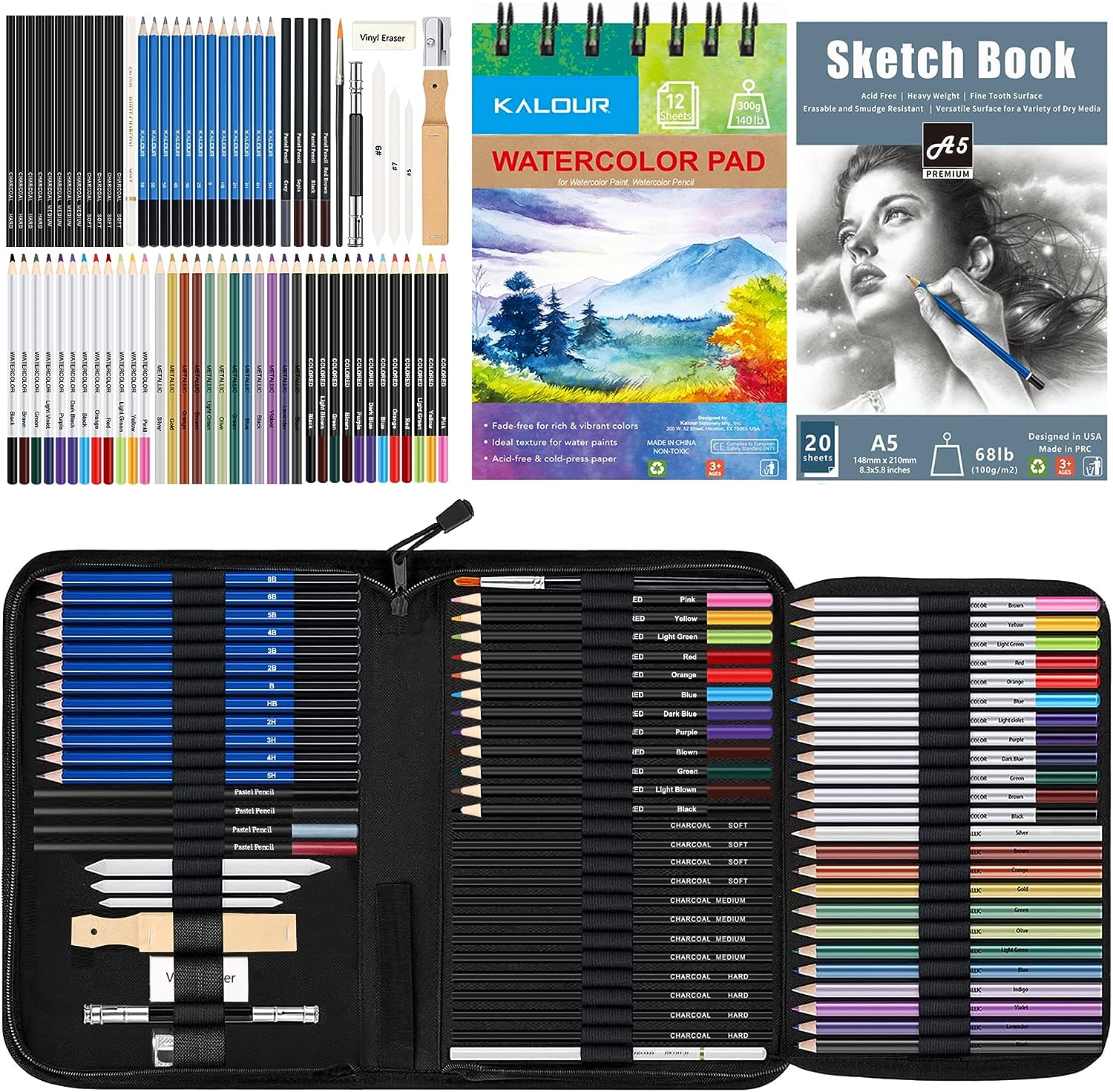 KALOUR 52-Pack Sketch Drawing Pencils Kit with Two Sketchbook,Tin Box,Include Graphite,Charcoal and Artists Tools,Pro Art Drawing Supplies for