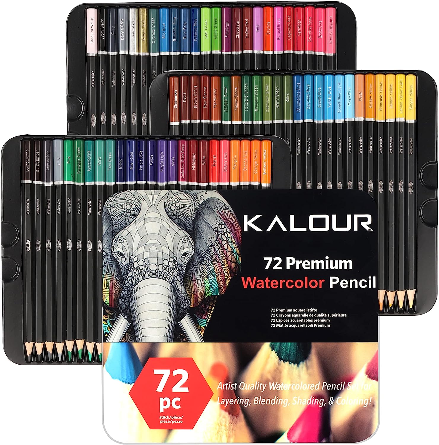 KALOUR Watercolor Pencils - Professional Set of 72 - Beautiful Blending Effects with Wet or Dry - Ideal for Coloring Book - Water Soluble Pencils