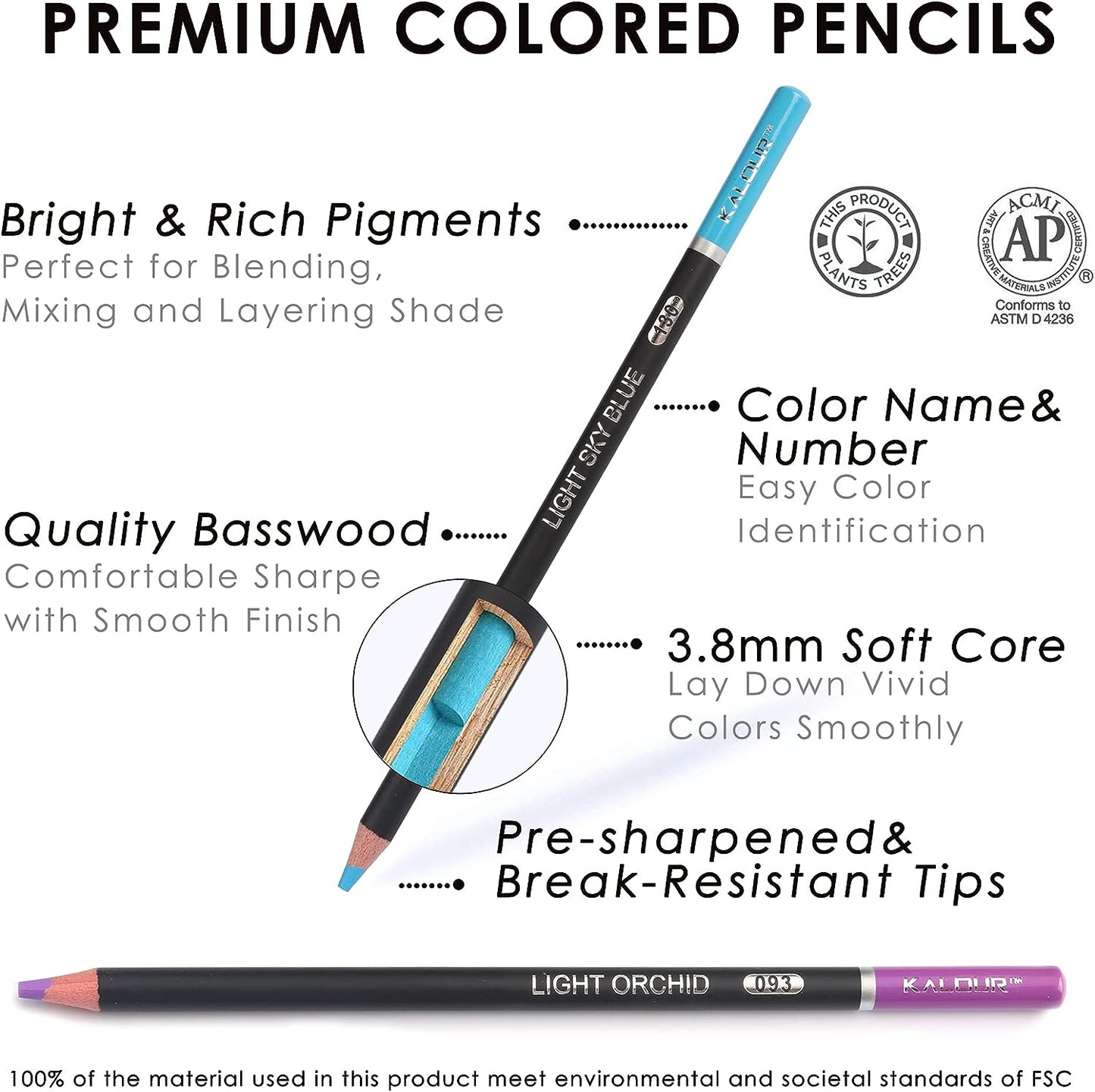 KALOUR 180 Colored Pencil Set for Adults Artists kids- 3.8mm Rich Pigment Soft Core -12 Metallic Pencil - Wax-Based