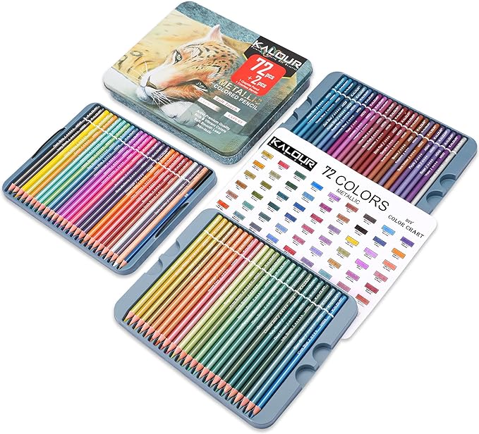 KALOUR 72 Piece Metallic Colored Pencils, Soft Core with Vibrant Color,Ideal for Drawing, Blending, Sketching, Shading, Coloring for Adults Kids Beginners