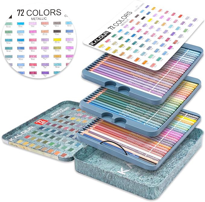 KALOUR 72 Piece Metallic Colored Pencils, Soft Core with Vibrant Color,Ideal for Drawing, Blending, Sketching, Shading, Coloring for Adults Kids Beginners