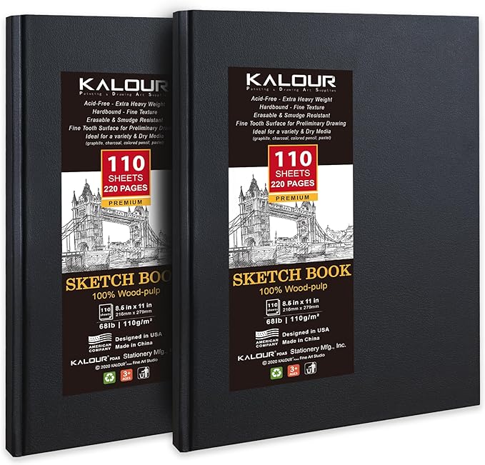 Kalour Hardcover Sketch Book,8.5“x11",Pack of 2, 220 Sheets (68lb/110gsm),Acid Free Art Sketchbook, Artistic Drawing Painting Writing Paper for Kids Adults Beginners Artists