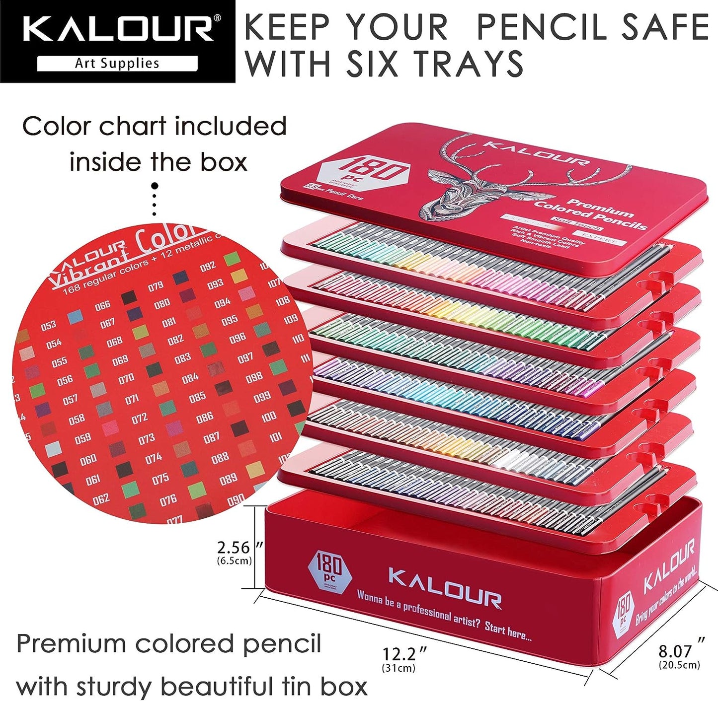 KALOUR 180 Colored Pencil Set for Adults Artists kids- 3.8mm Rich Pigment Soft Core -12 Metallic Pencil - Wax-Based