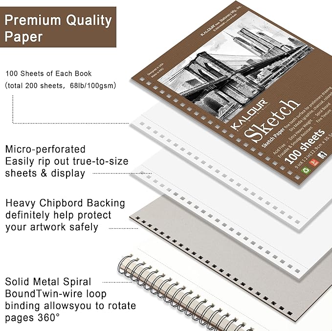 Kalour 9 x 12 inches Sketch Book, 200-Sheets,Pack of 2,(68lb/100gsm), Spiral Bound Sketch Pad,Acid Free Art Sketchbook, Artistic Drawing Painting Writing Paper for Adults Beginners Artists