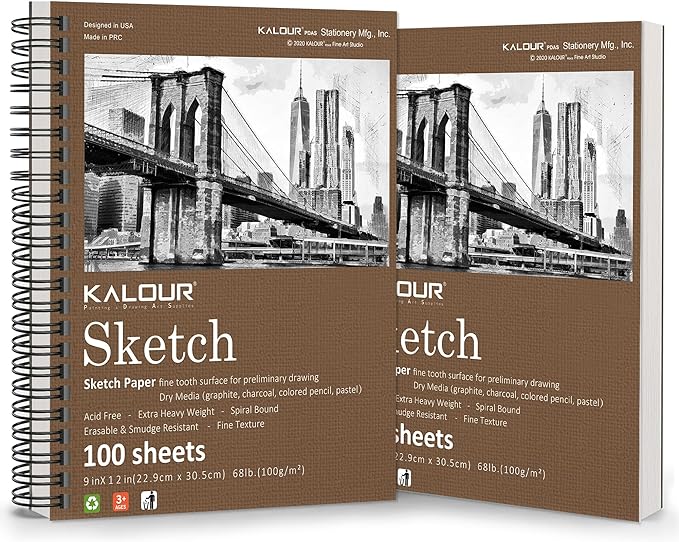 Kalour 9 x 12 inches Sketch Book, 200-Sheets,Pack of 2,(68lb/100gsm), Spiral Bound Sketch Pad,Acid Free Art Sketchbook, Artistic Drawing Painting Writing Paper for Adults Beginners Artists