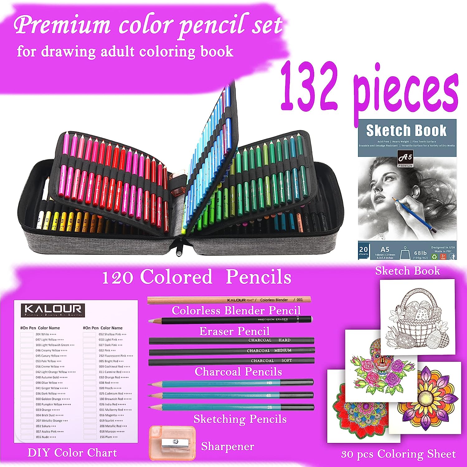 KALOUR 126PCS Colored Pencils Set,with Coloring Books,Tutorial & Color  Chart
