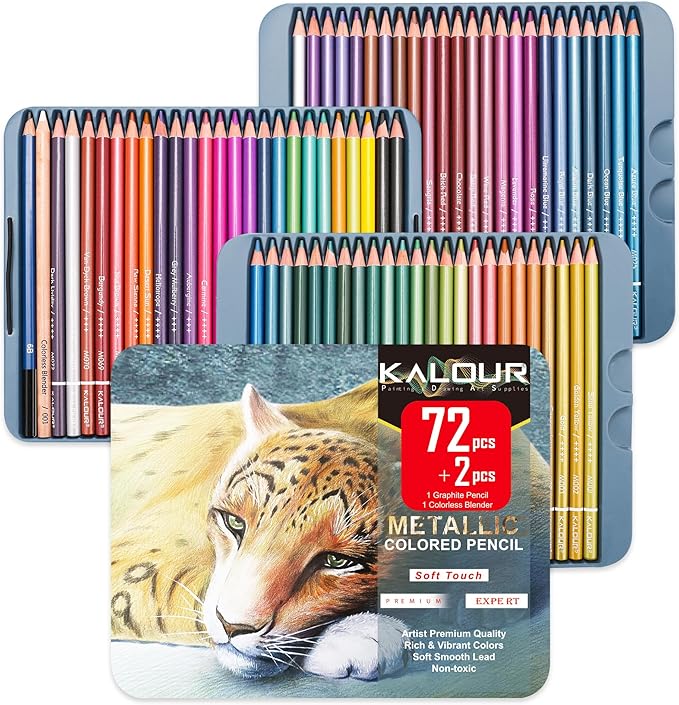 KALOUR 72 Piece Metallic Colored Pencils, Soft Core with Vibrant Color,Ideal for Drawing, Blending, Sketching, Shading, Coloring for Adults Kids Beginners