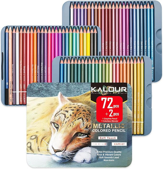 KALOUR 72 Piece Metallic Colored Pencils, Soft Core with Vibrant Color,Ideal for Drawing, Blending, Sketching, Shading, Coloring for Adults Kids Beginners