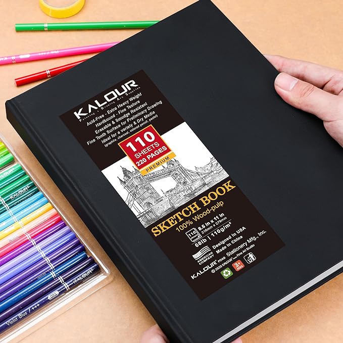 Kalour Hardcover Sketch Book,8.5“x11",Pack of 2, 220 Sheets (68lb/110gsm),Acid Free Art Sketchbook, Artistic Drawing Painting Writing Paper for Kids Adults Beginners Artists