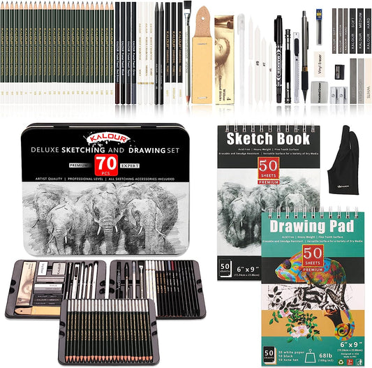 Kalour 74 Drawing Sketching Kit Set - Pro Art Supplies with Sketchbook &  Watercolor Paper - Include  Watercolor,Graphite,Colored,Metallic,Pastel,Charcoal Pencil - for Artists  Beginners Adults Teens