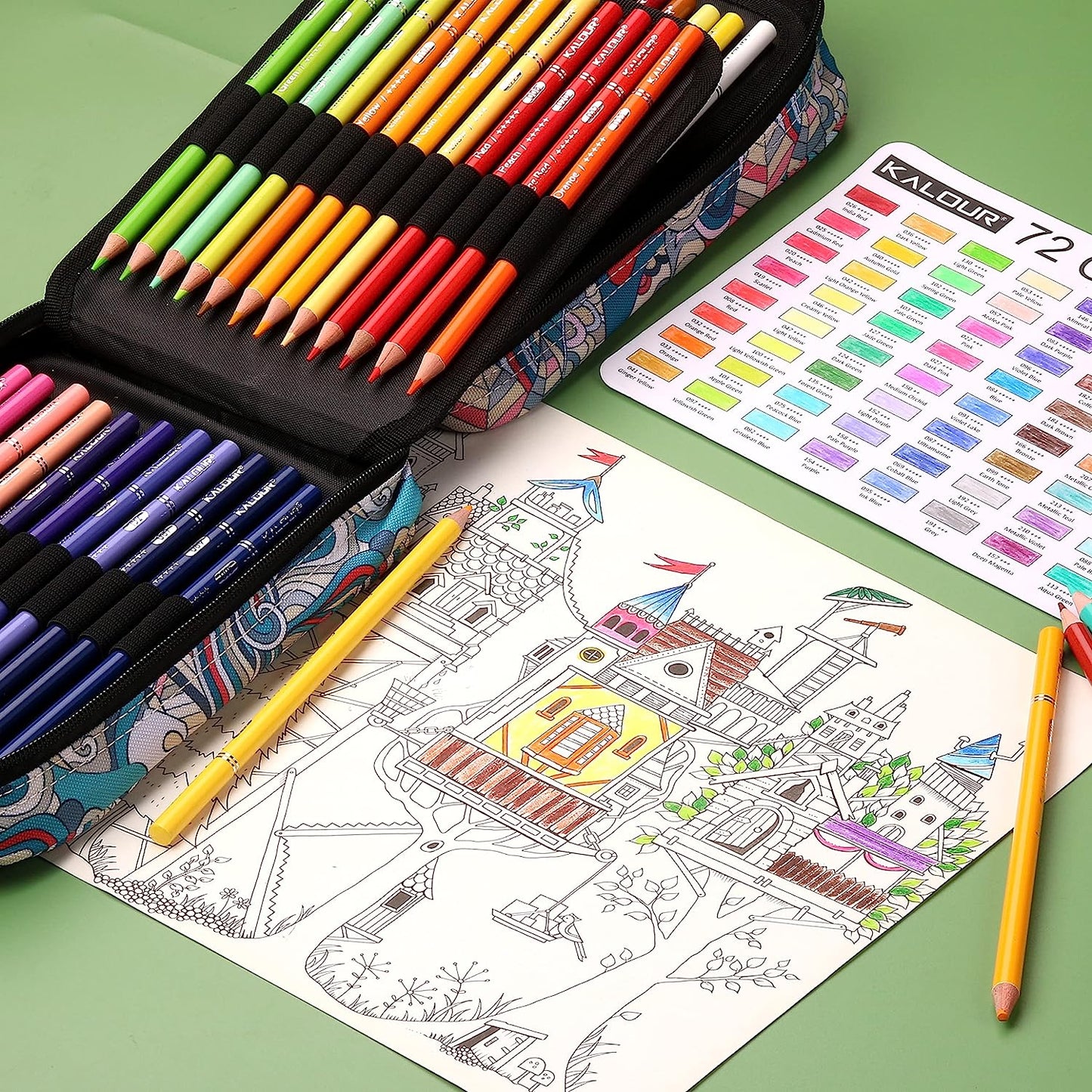 KALOUR Premium Colored Pencils for Adult Coloring Book,Set of 72 Colors,Zipper Pencil Slot Case,with Sharpener,Soft Core,7 Metallic Color