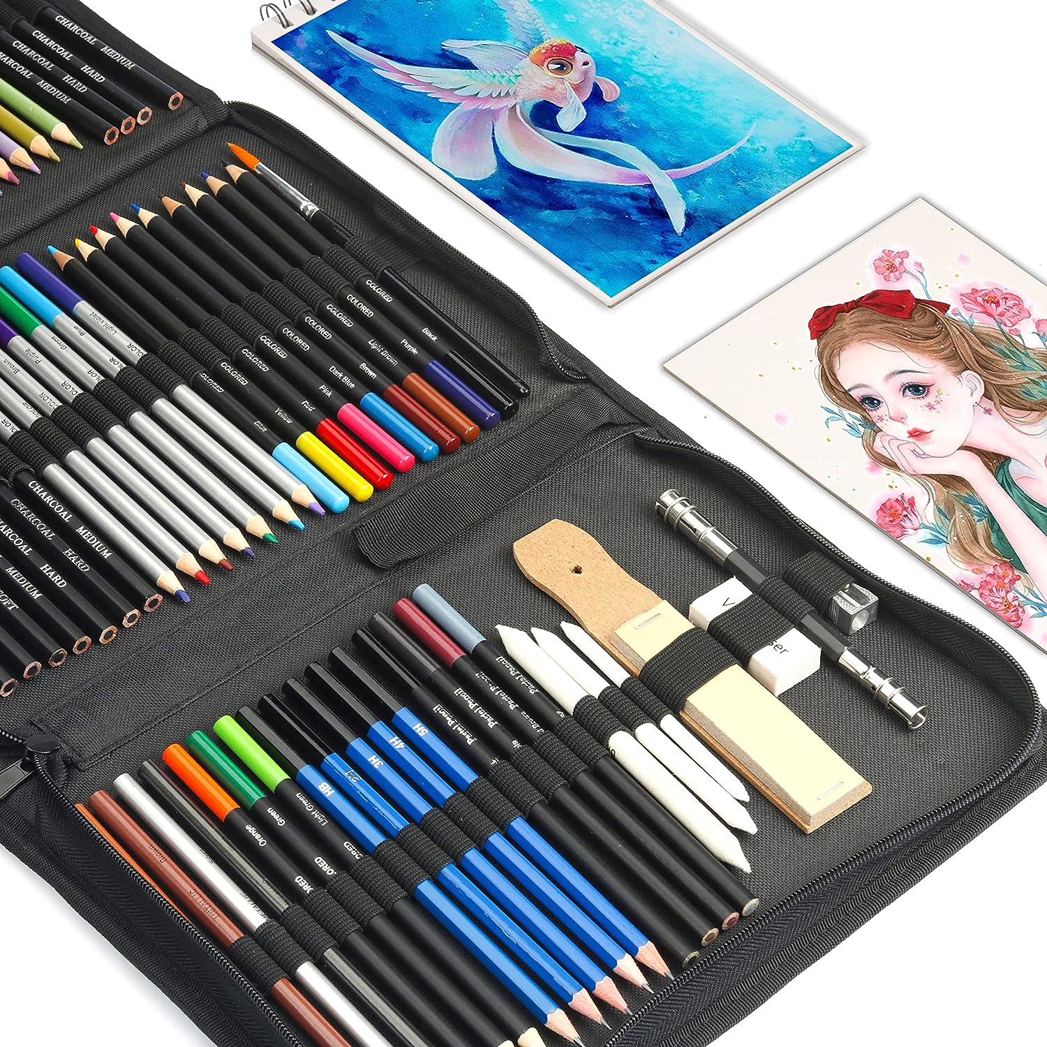 KALOUR 52-Pack Sketch Drawing Pencils Kit with Two Sketchbook,Tin Box,Include Graphite,Charcoal and Artists Tools,Pro Art Drawing Supplies for