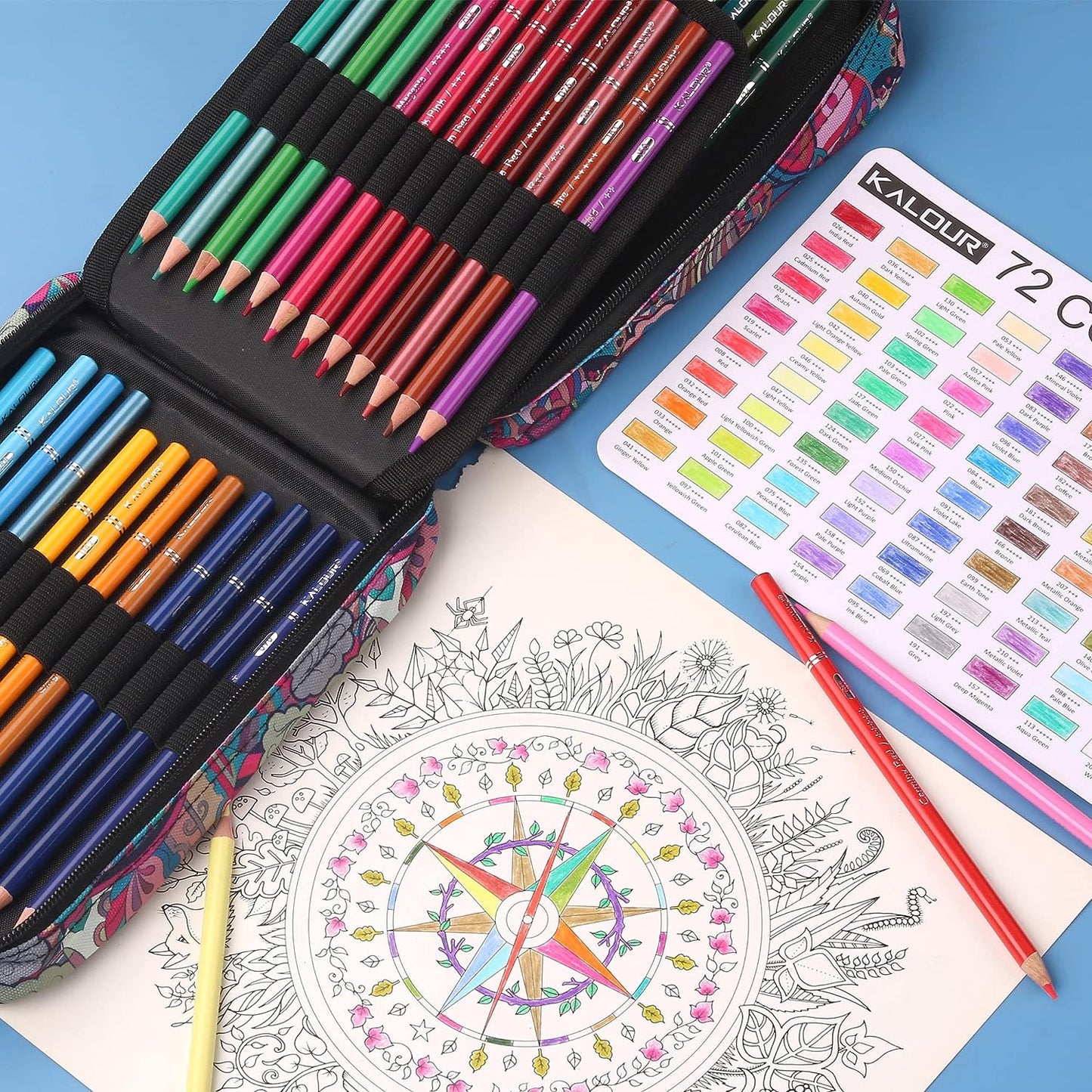 KALOUR Premium Colored Pencils for Adult Coloring Book,Set of 72 Colors,Zipper Slot Pencil Case,with Sharpener,Soft Core,7 Metallic Color